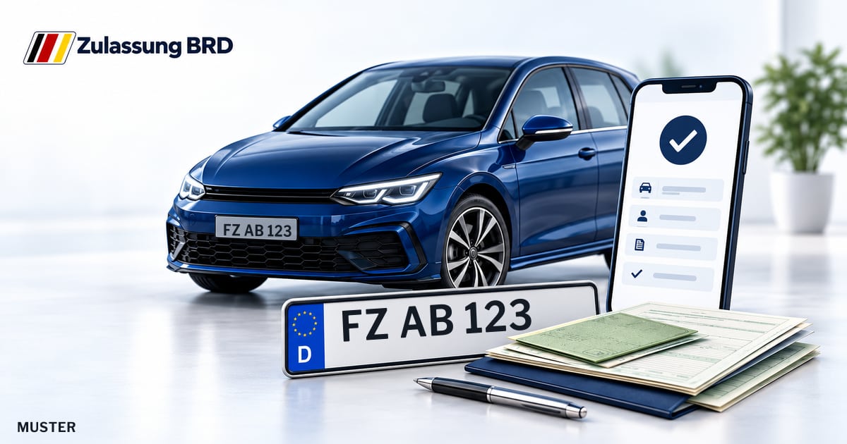 Online Fahrzeugzulassung in Gudensberg: Musterkennzeichen FZ AB 123, Auto und Fahrzeugpapiere und Smartphone. Illustration mit Logo von Zulassung BRD.